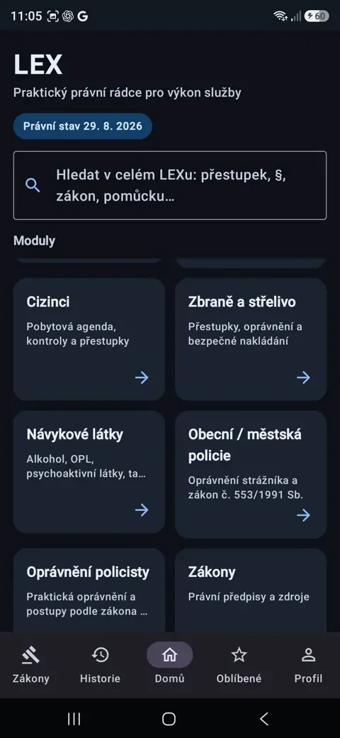 Skutečný snímek domovské obrazovky aplikace LEX