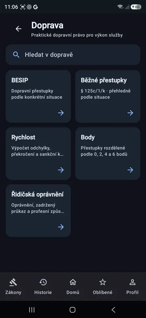 Skutečný snímek přehledu přestupků v aplikaci LEX